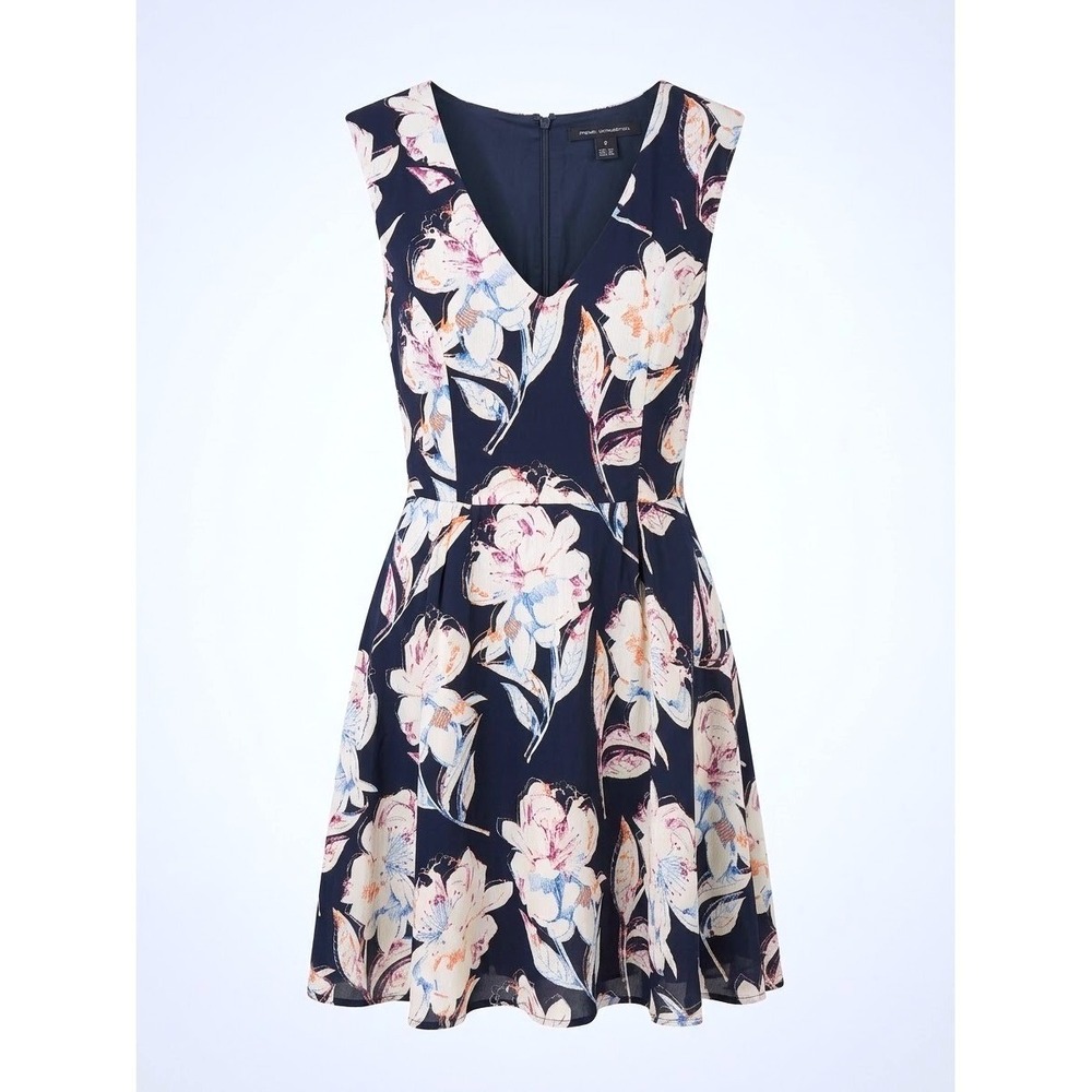 French Connection Navy Floral V-Neck Fit and Flare Dark Feminine Dress Size 6